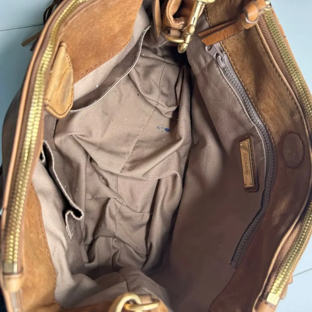 J Crew Peyton Brown Satchel Purse Bag Brown Soft Leather Tassels (READ)